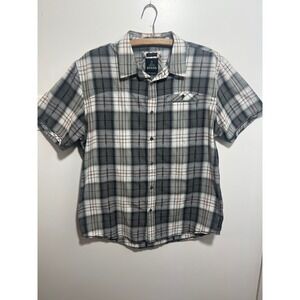 Prana Mens XL Slim Fit Short Sleeve Plaid Button Down Shirt Grey White Geometric